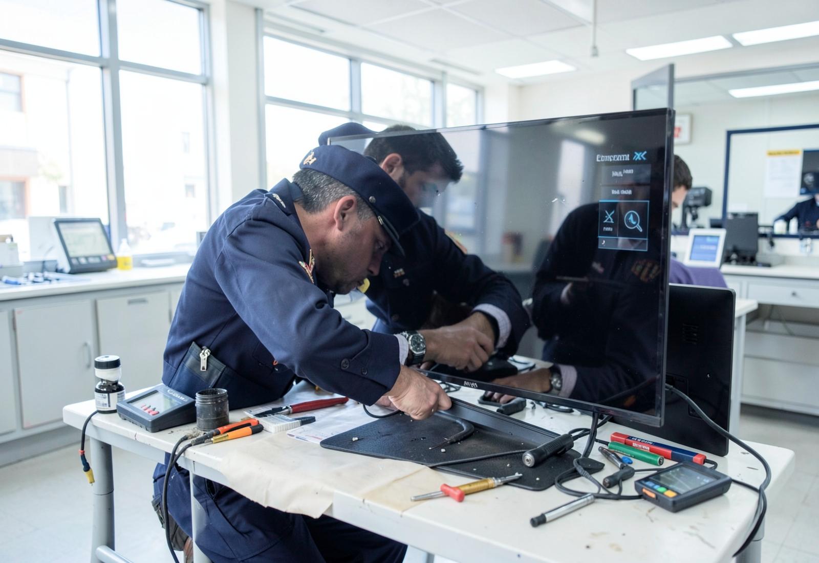 Technician repairing a Samsung flat-screen TV at a service center bench in Vasai-Virar